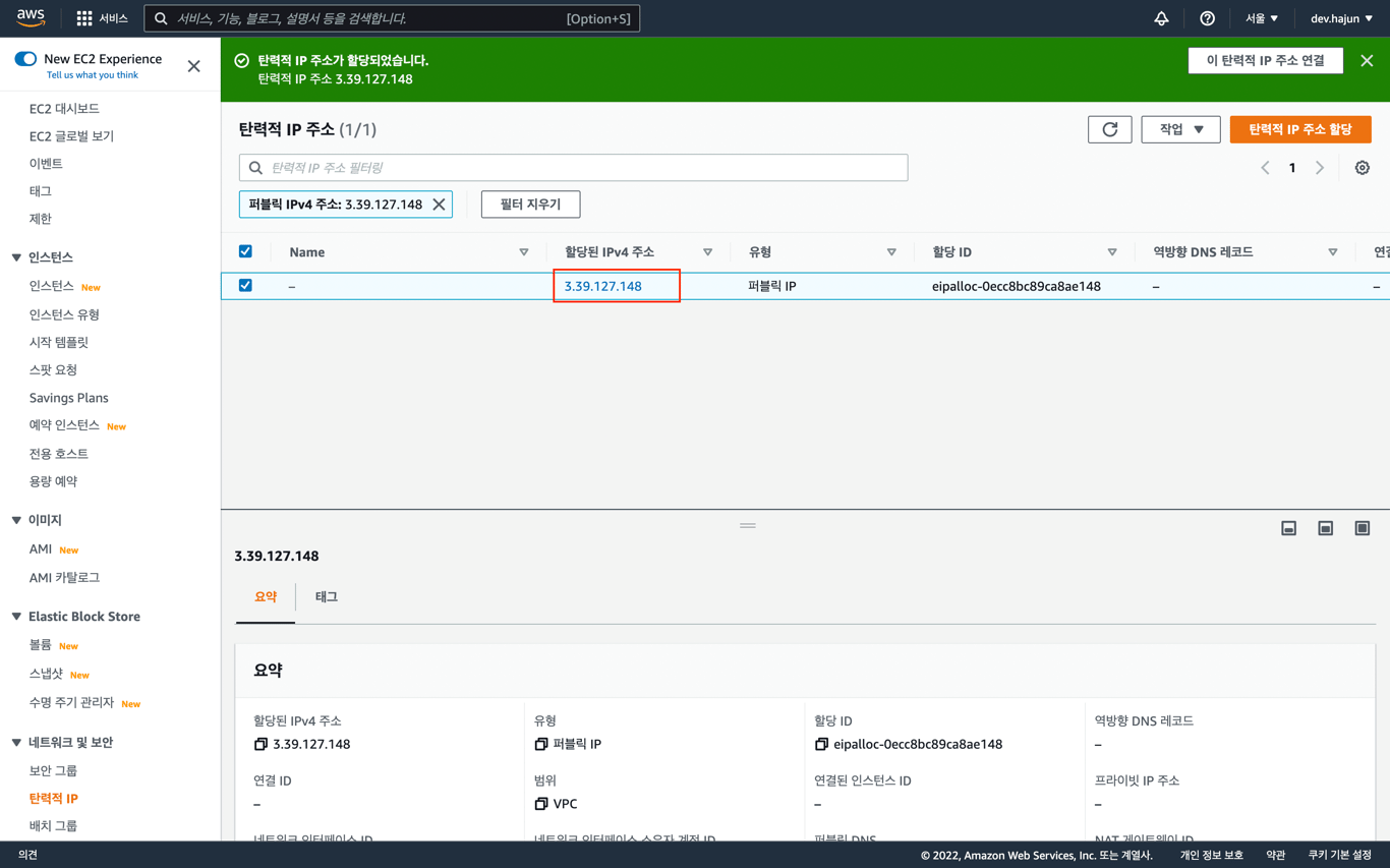 생선된 탄력적 IP 클릭