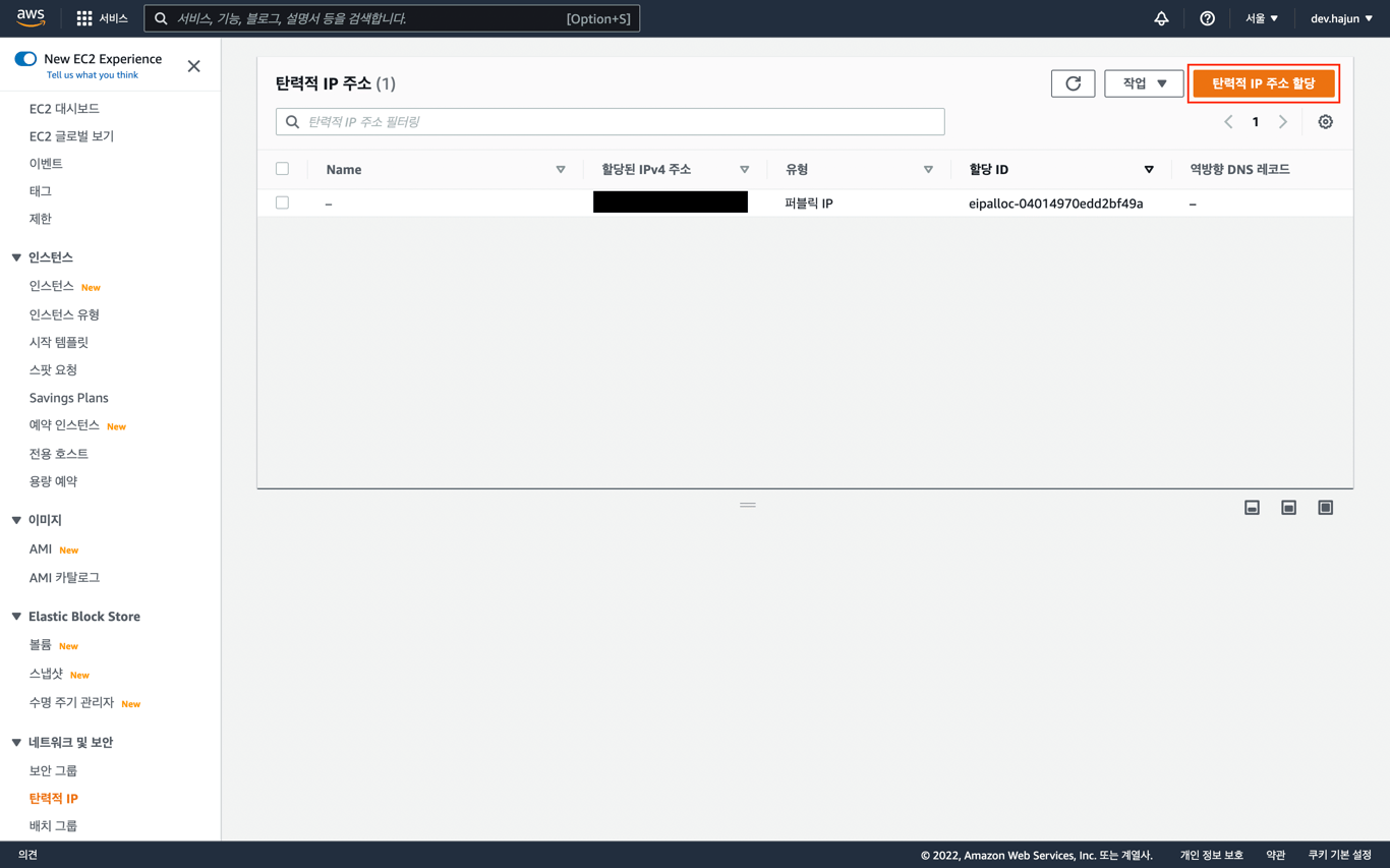 탄력적 IP 할당 버튼 클릭