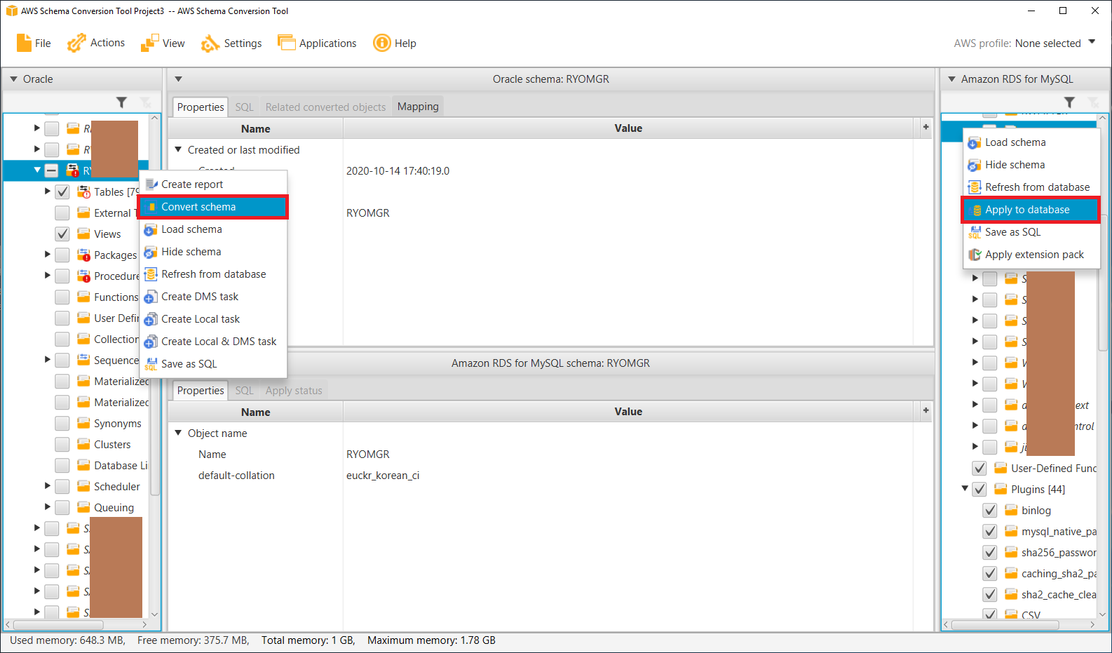 소스 `Convert schema` 클릭, 타겟 `Apply to database` 클릭