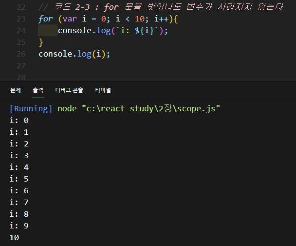 2-3 for 문을 벗어나도 변수가 사라지지 않는다