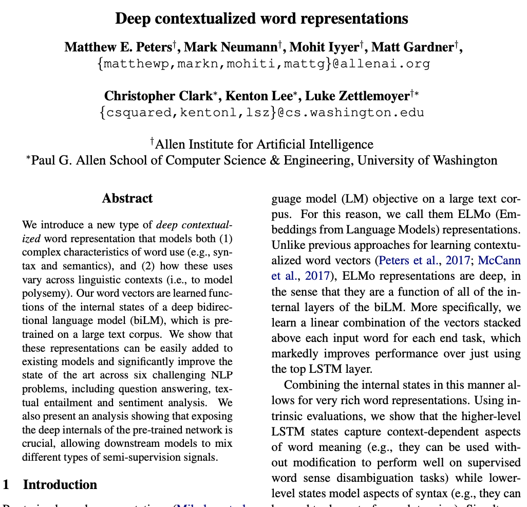 [논문리뷰 | NLP ] ELMO: Deep Contextualized Word Representations(2018) Summary