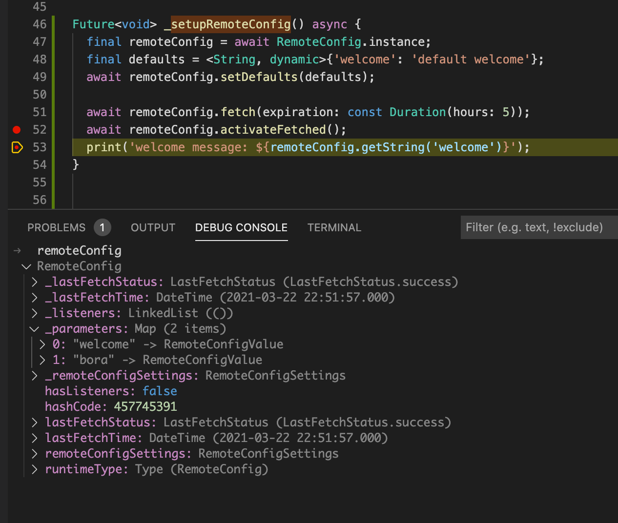 [flutter] firebase remote config setting 1 (quick start)