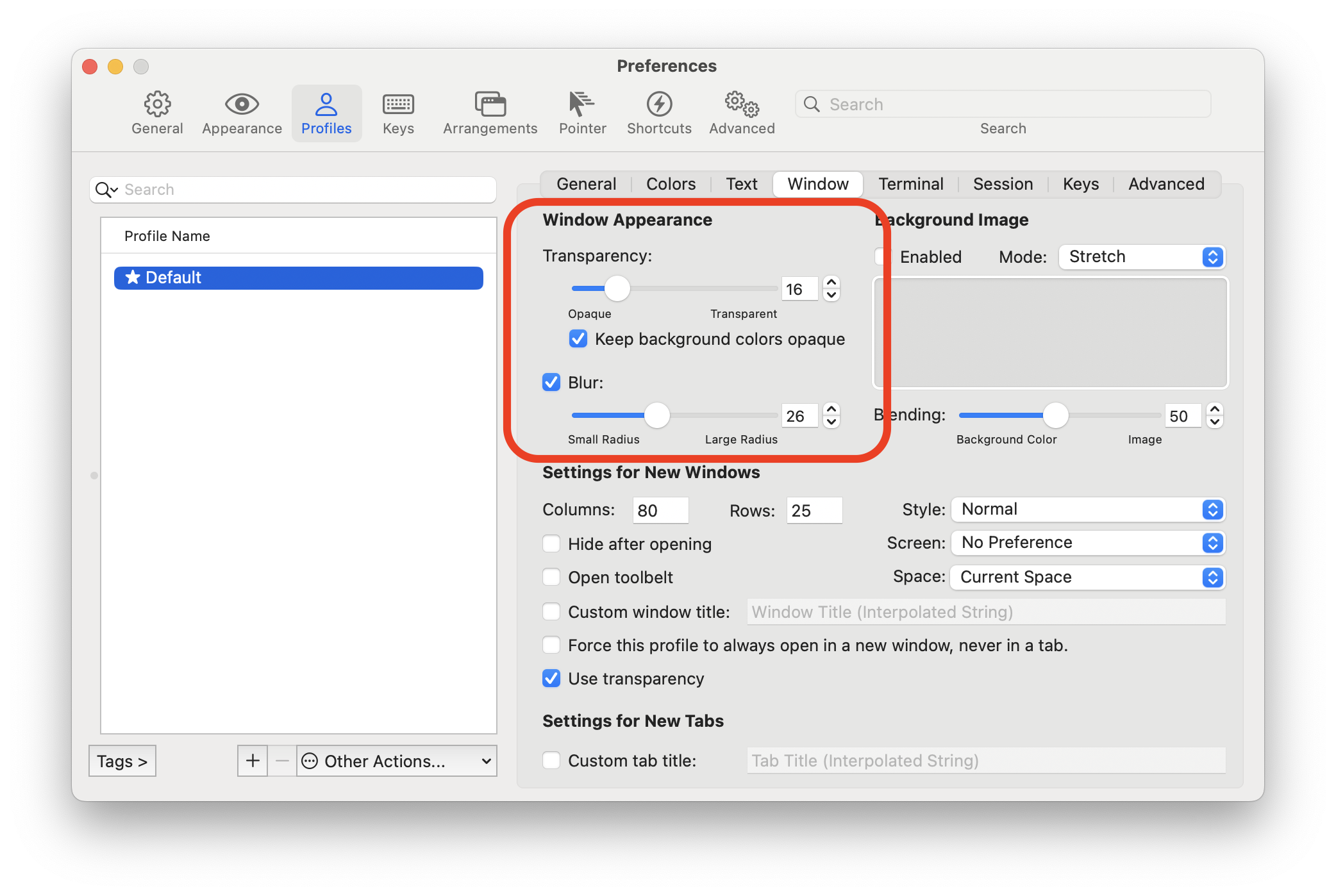 iTerm2 Window setting to apply transparency and blur
