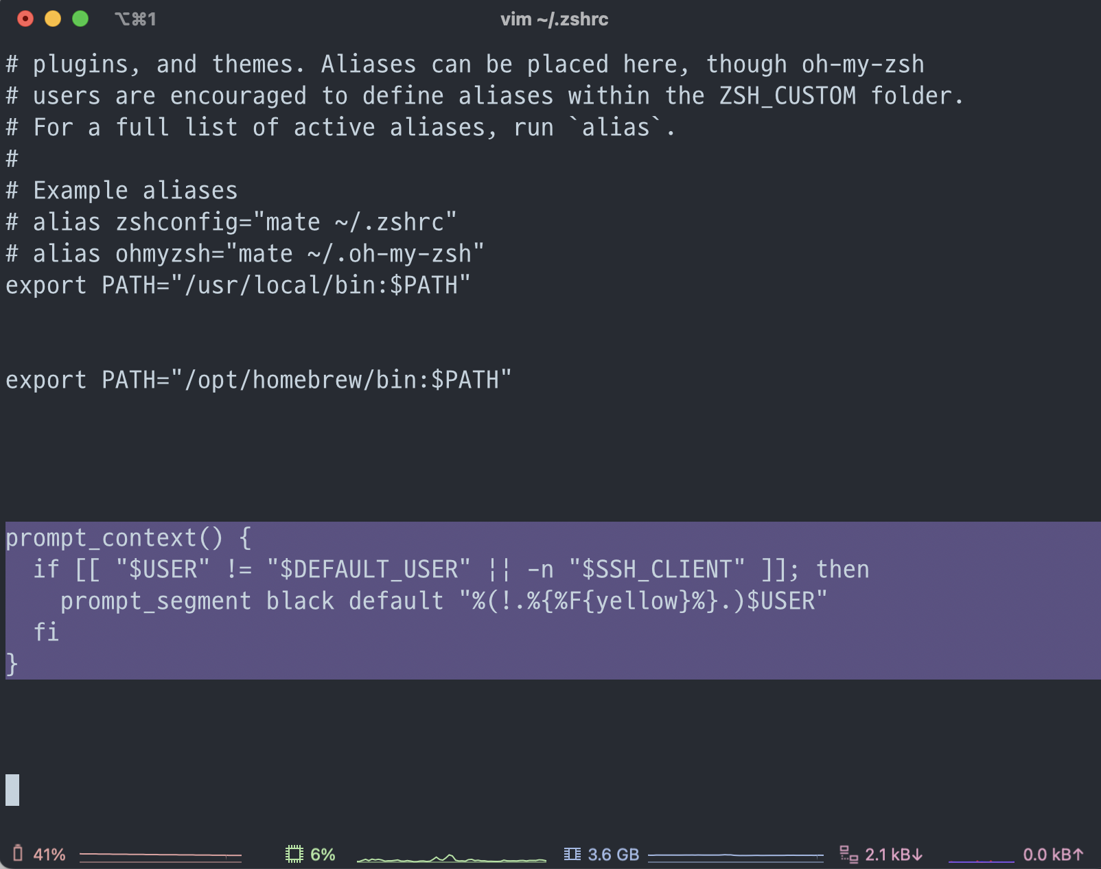 Demonstration of inserting code block on the .zshrc
