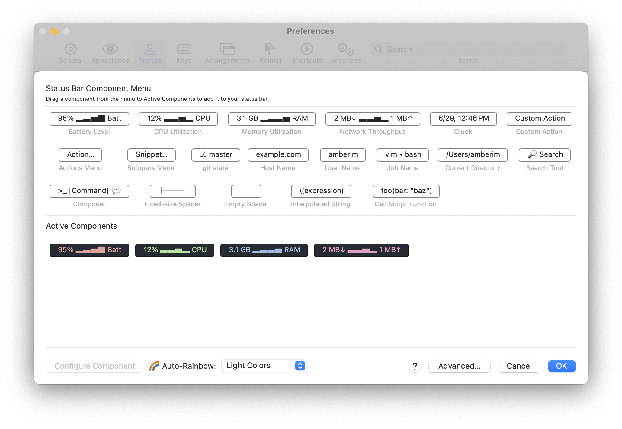 iTerm2 Status bar setting on the Session tab
