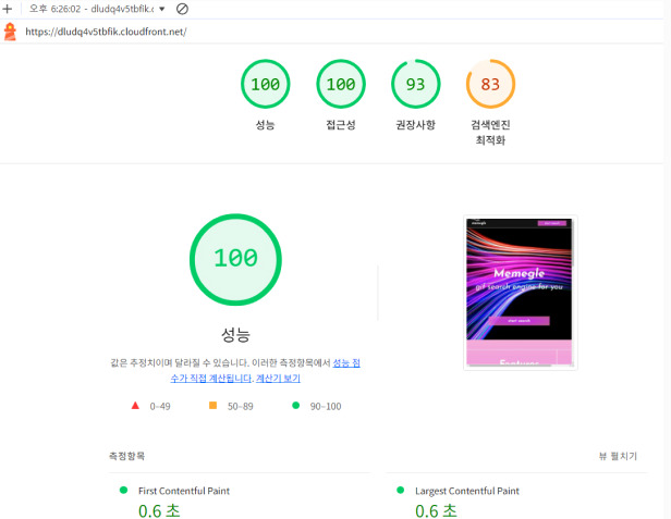 lighthouse에서 성능 측정 결과