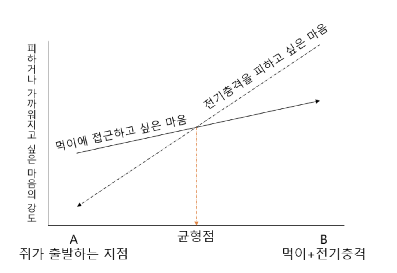 배고픈 쥐를 테이블 위에 둔다. 테이블에 먹이를 두되, 먹이를 먹으러 가는 길에 전기충격을 받도록 하는 실험 환경. 출처:https://espgarde.com/33