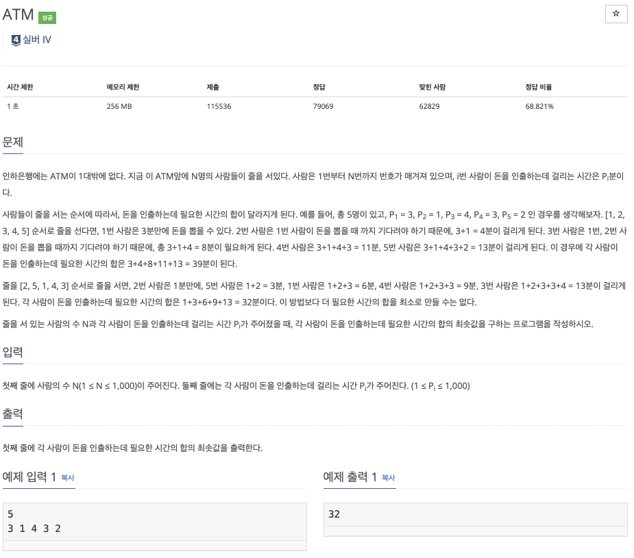 알고리즘(JAVA) - 11399 ATM (백준)