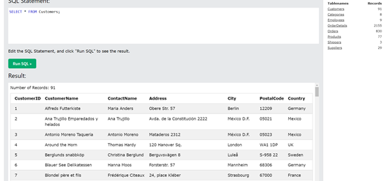 SELECT * FROM Customers를 통하여 Customers 테이블에 존재하는 모든 데이터를 조회하는 모습