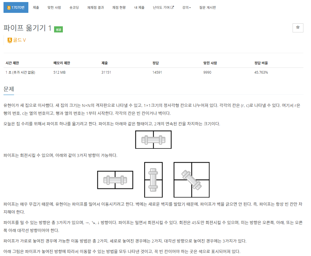 [BOJ] 17070 : 파이프 옮기기 1
