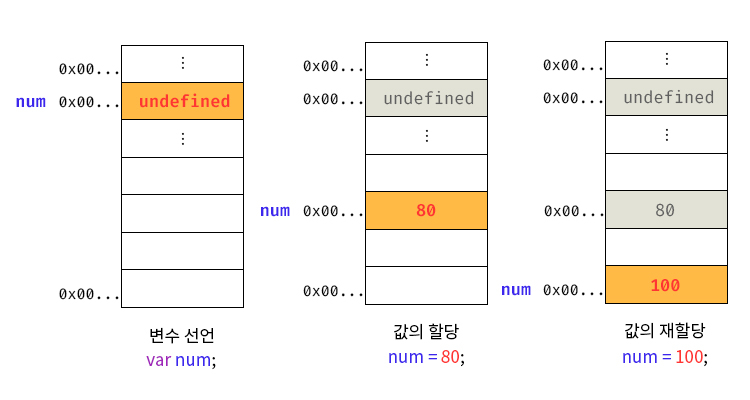 변수의 선언, 할당, 재할다