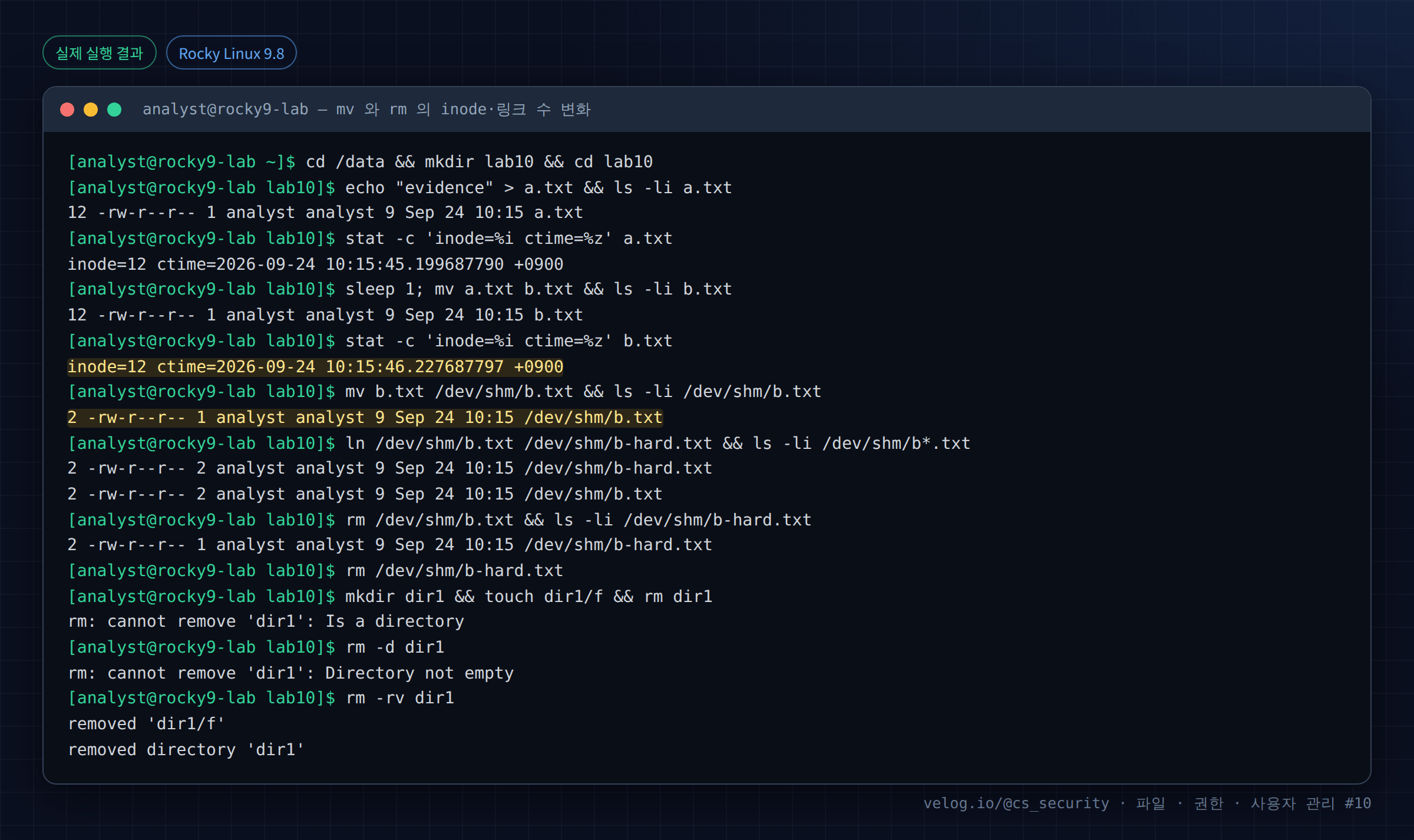 실제 실행 결과 — Rocky Linux 9.8 · analyst@rocky9-lab — mv 와 rm 의 inode·링크 수 변화