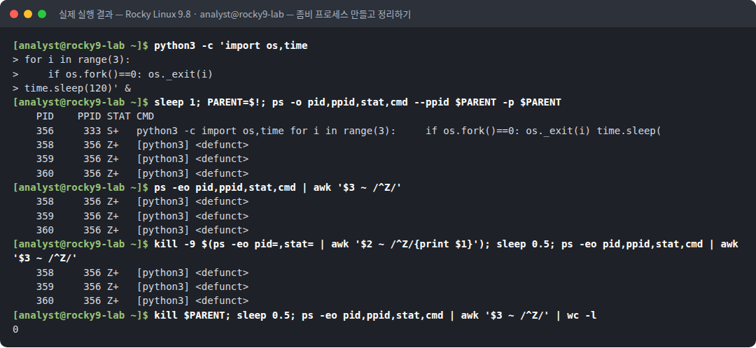 실제 실행 결과 — Rocky Linux 9.8 · analyst@rocky9-lab — 좀비 프로세스 만들고 정리하기