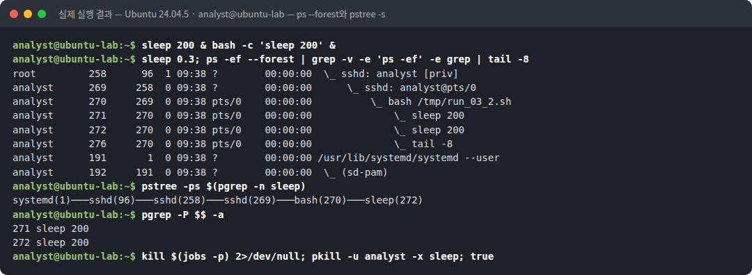 실제 실행 결과 — Ubuntu 24.04.5 · analyst@ubuntu-lab — ps --forest와 pstree -s