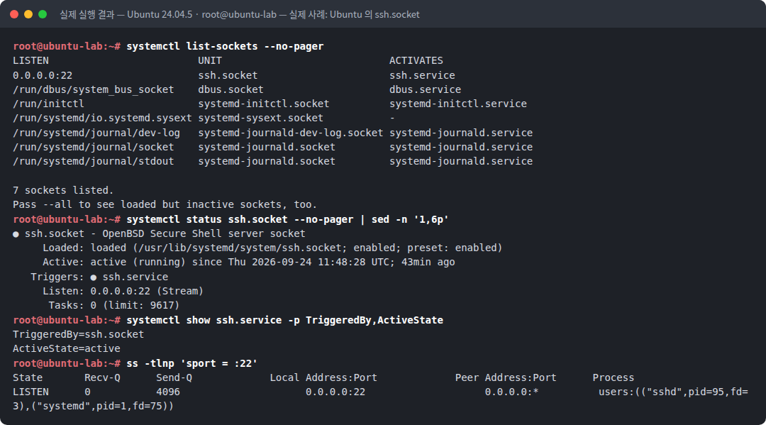 실제 실행 결과 — Ubuntu 24.04.5 · root@ubuntu-lab — 실제 사례: Ubuntu 의 ssh.socket