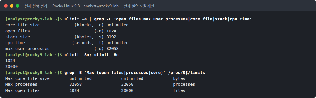 실제 실행 결과 — Rocky Linux 9.8 · analyst@rocky9-lab — 현재 셸의 자원 제한