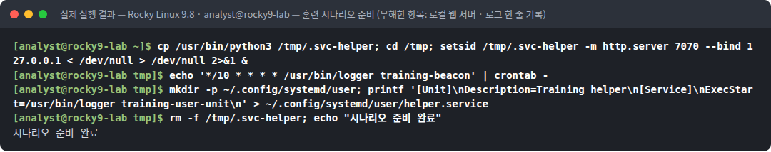 실제 실행 결과 — Rocky Linux 9.8 · analyst@rocky9-lab — 훈련 시나리오 준비 (무해한 항목: 로컬 웹 서버 · 로그 한 줄 기록)