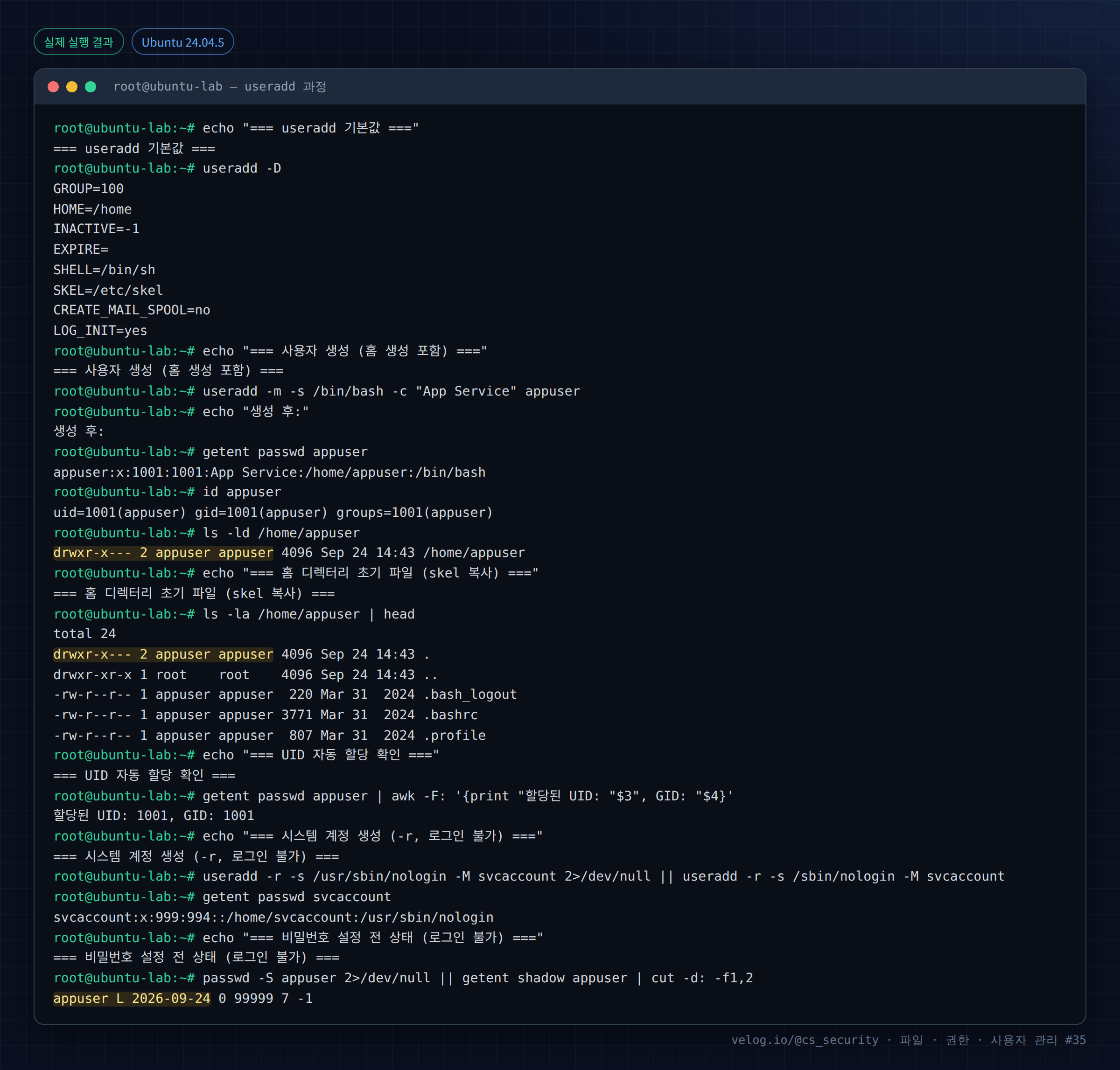 실제 실행 결과 — Ubuntu 24.04.5 · root@ubuntu-lab — useradd 과정