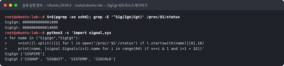 실제 실행 결과 — Ubuntu 24.04.5 · root@ubuntu-lab — SigCgt 비트마스크 해석하기