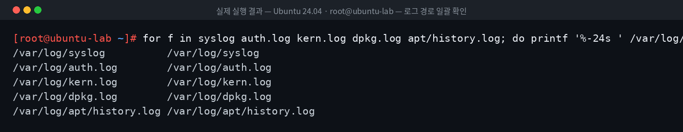 실제 실행 결과 — Ubuntu 24.04 · root@ubuntu-lab — 로그 경로 일괄 확인