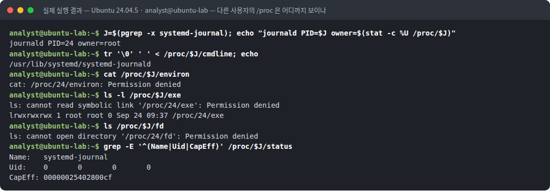 실제 실행 결과 — Ubuntu 24.04.5 · analyst@ubuntu-lab — 다른 사용자의 /proc 은 어디까지 보이나