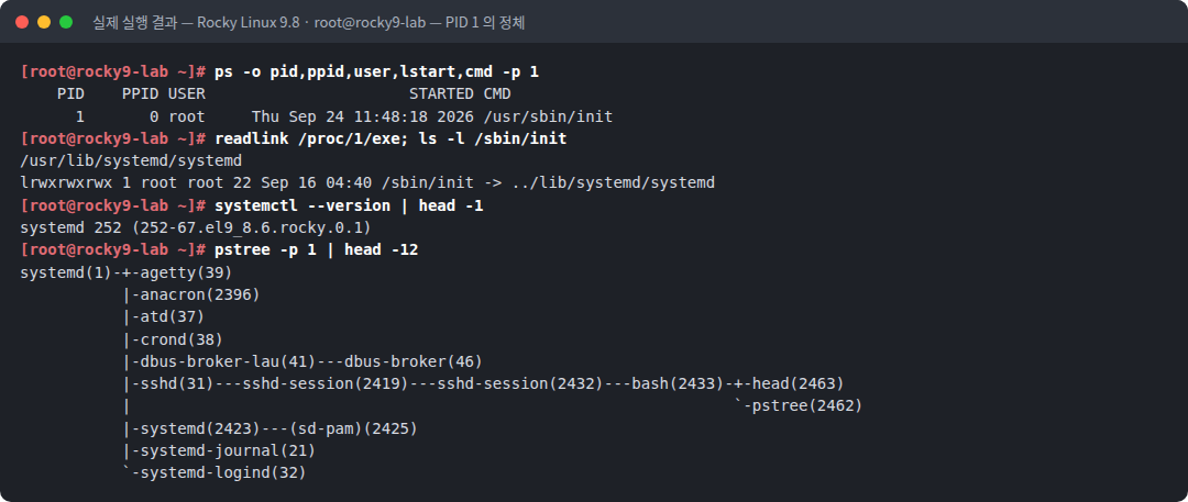 실제 실행 결과 — Rocky Linux 9.8 · root@rocky9-lab — PID 1 의 정체