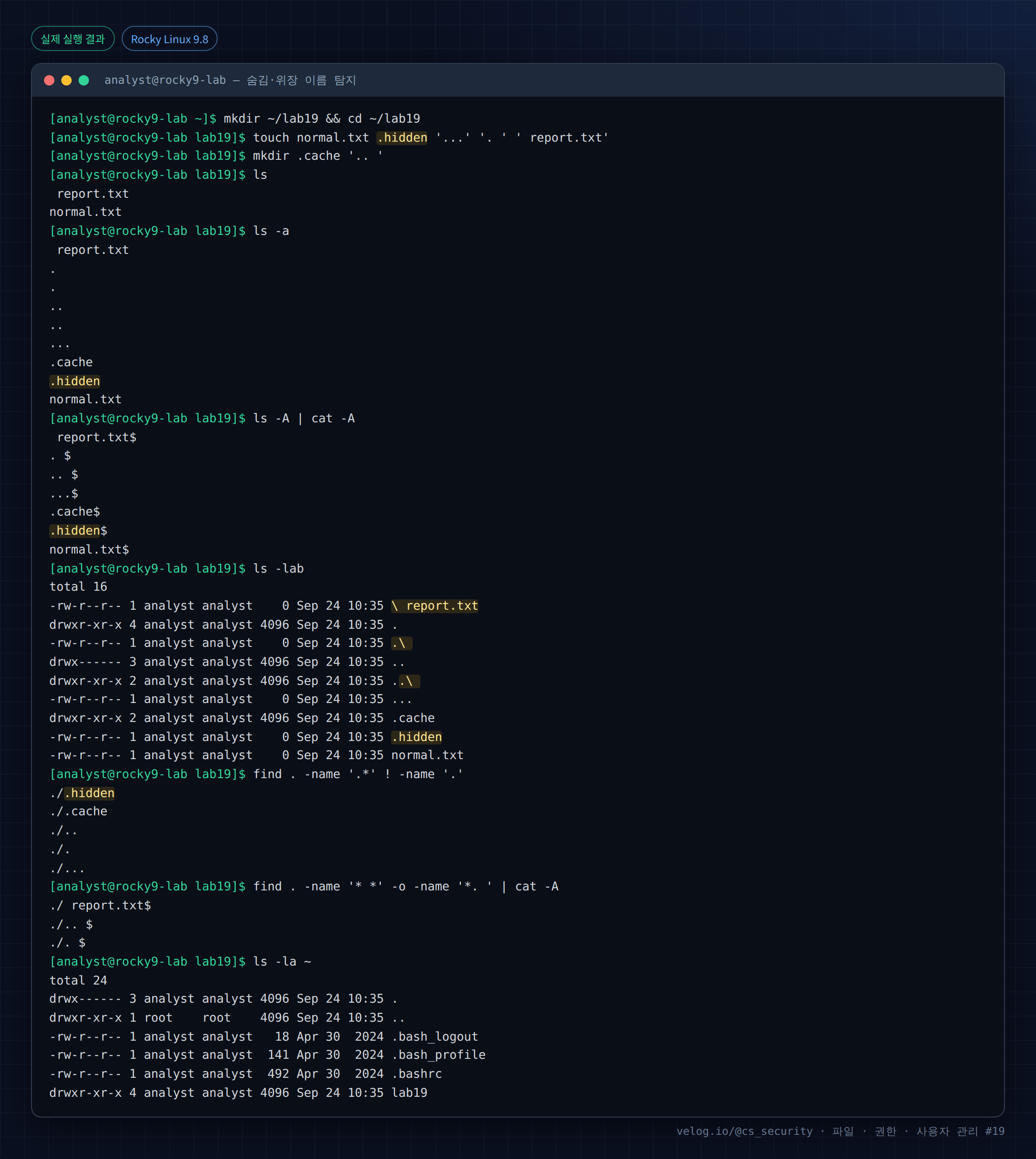 실제 실행 결과 — Rocky Linux 9.8 · analyst@rocky9-lab — 숨김·위장 이름 탐지