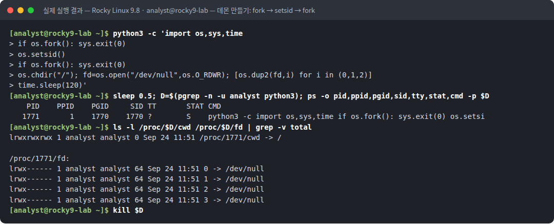 실제 실행 결과 — Rocky Linux 9.8 · analyst@rocky9-lab — 데몬 만들기: fork → setsid → fork