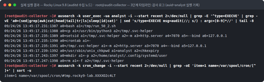 실제 실행 결과 — Rocky Linux 9.8 (auditd 수집 노드) · root@audit-collector — 3단계 타임라인: 감사 로그 (auid=analyst 실행 기록)