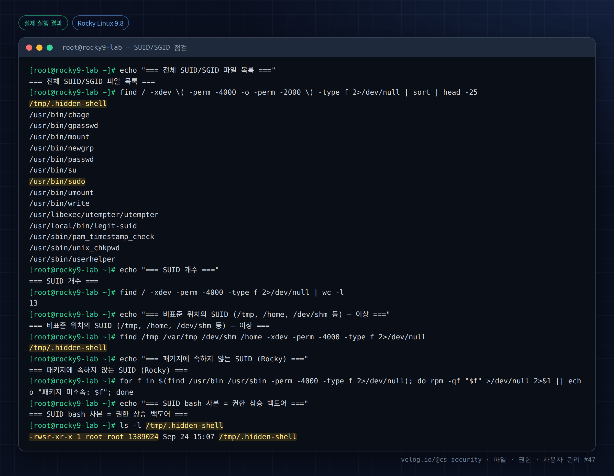 실제 실행 결과 — Rocky Linux 9.8 · root@rocky9-lab — SUID/SGID 점검