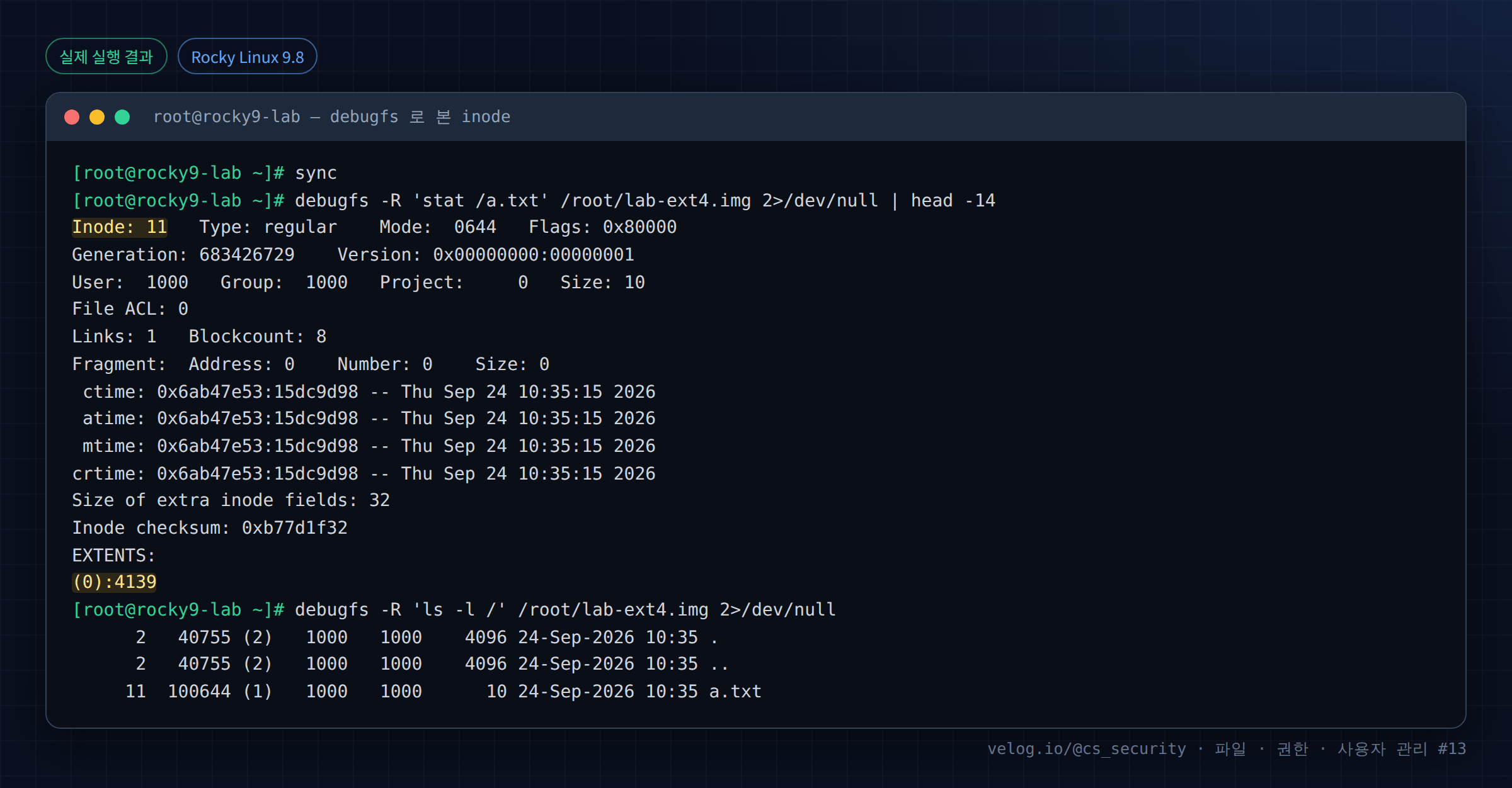 실제 실행 결과 — Rocky Linux 9.8 · root@rocky9-lab — debugfs 로 본 inode