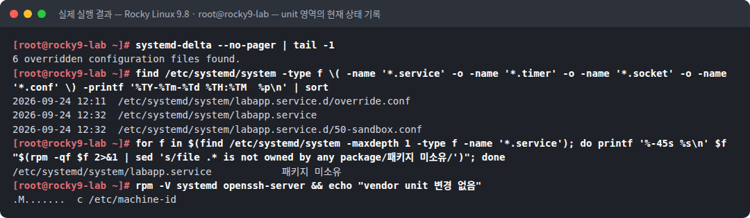 실제 실행 결과 — Rocky Linux 9.8 · root@rocky9-lab — unit 영역의 현재 상태 기록