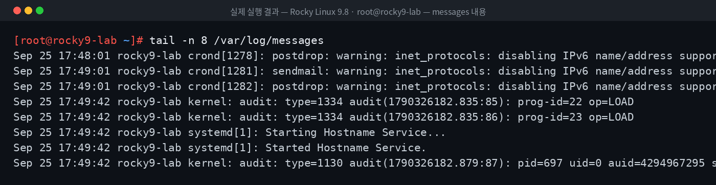 실제 실행 결과 — Rocky Linux 9.8 · root@rocky9-lab — messages 내용