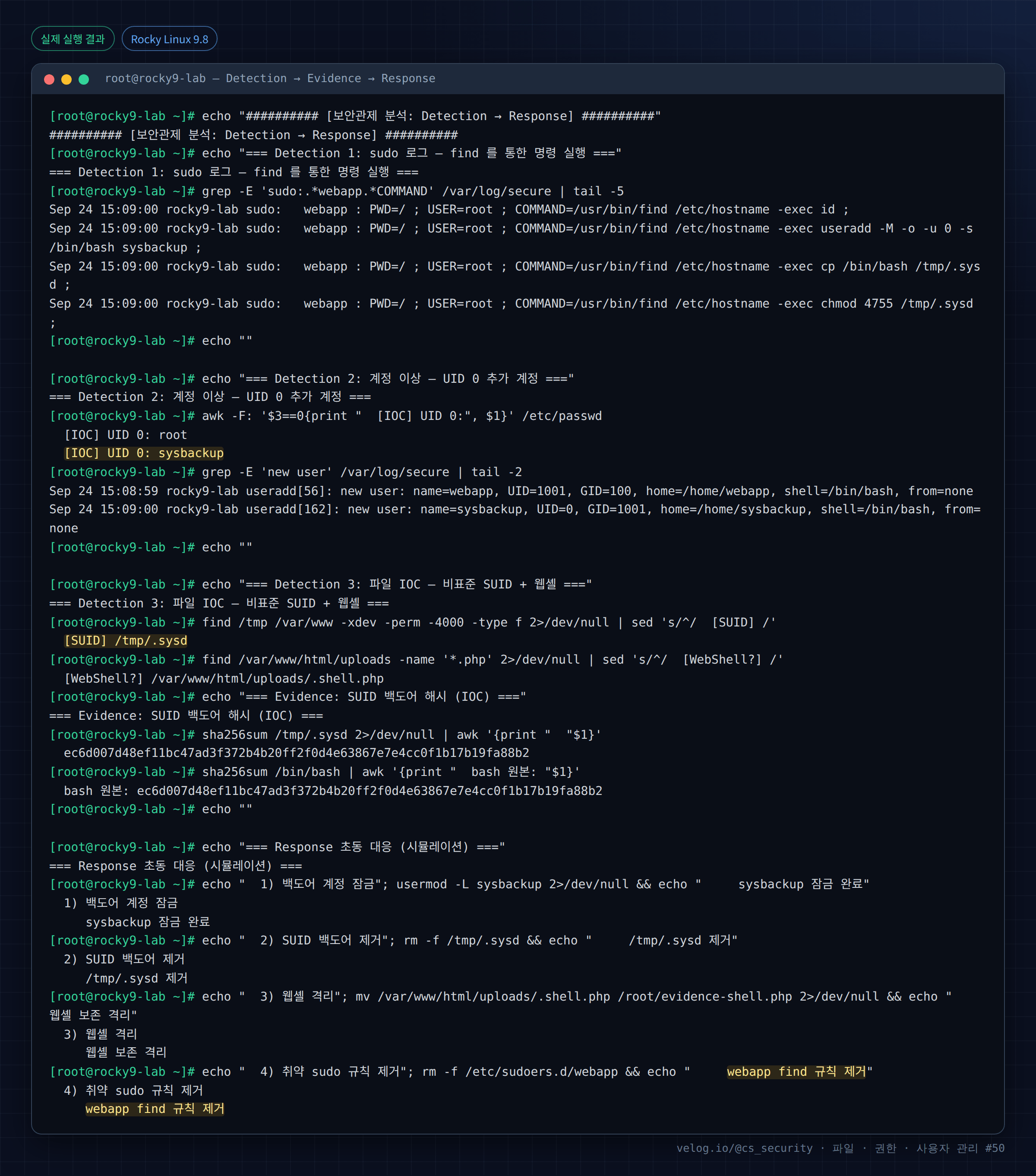 실제 실행 결과 — Rocky Linux 9.8 · root@rocky9-lab — Detection → Evidence → Response