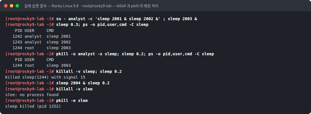 실제 실행 결과 — Rocky Linux 9.8 · root@rocky9-lab — killall 과 pkill 의 매칭 차이