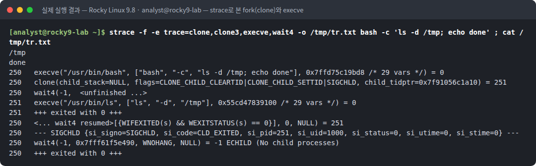 실제 실행 결과 — Rocky Linux 9.8 · analyst@rocky9-lab — strace로 본 fork(clone)와 execve