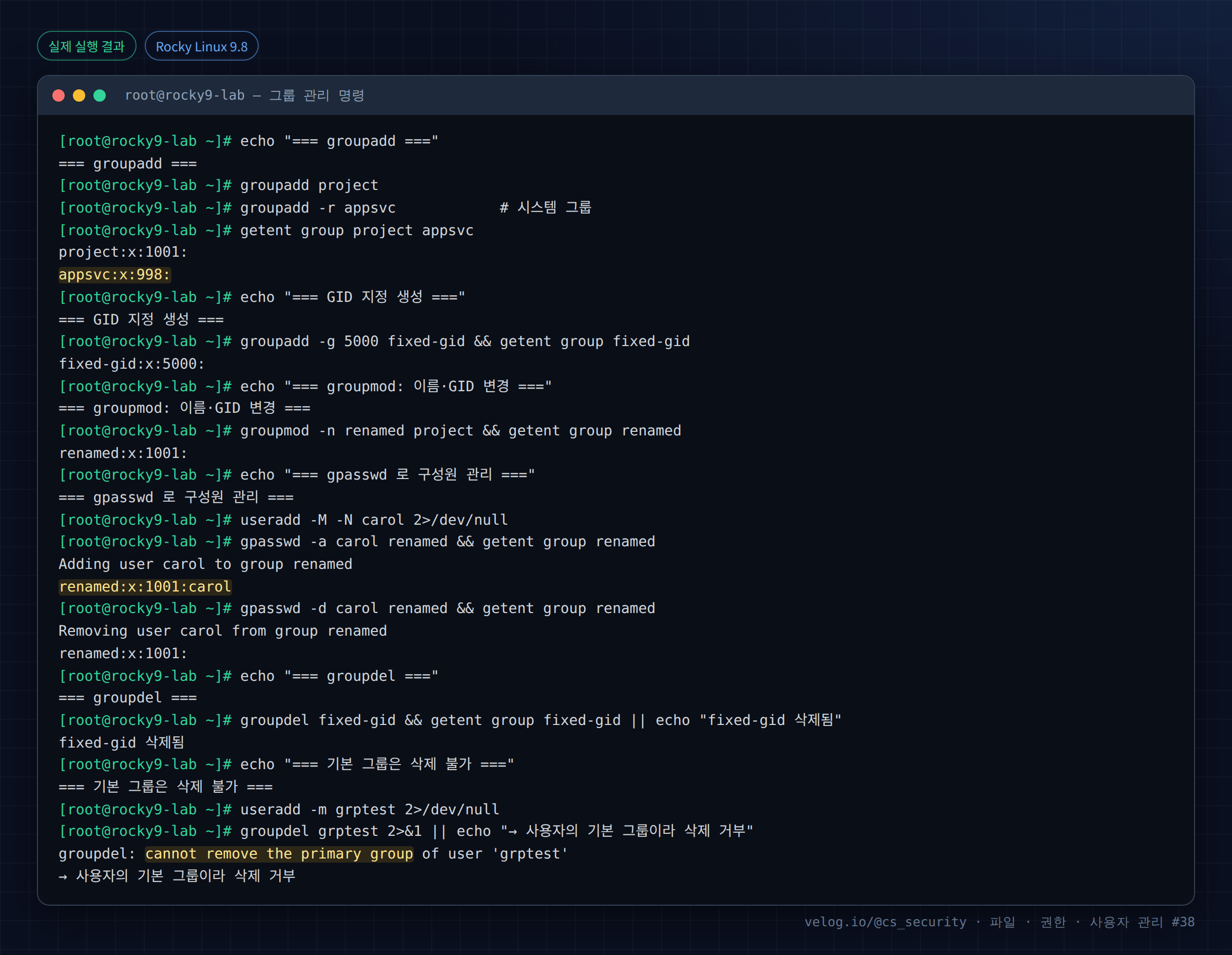 실제 실행 결과 — Rocky Linux 9.8 · root@rocky9-lab — 그룹 관리 명령