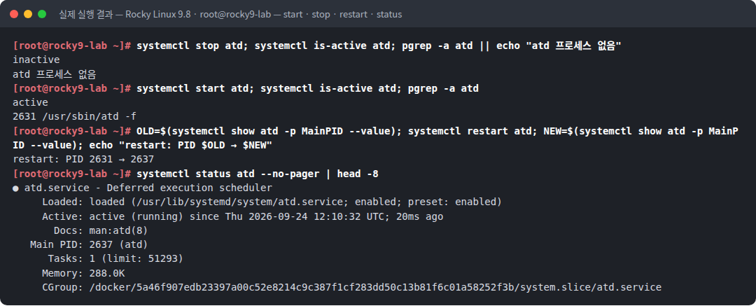 실제 실행 결과 — Rocky Linux 9.8 · root@rocky9-lab — start · stop · restart · status