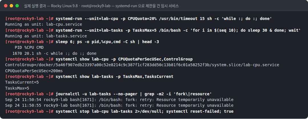 실제 실행 결과 — Rocky Linux 9.8 · root@rocky9-lab — systemd-run 으로 제한을 건 임시 서비스