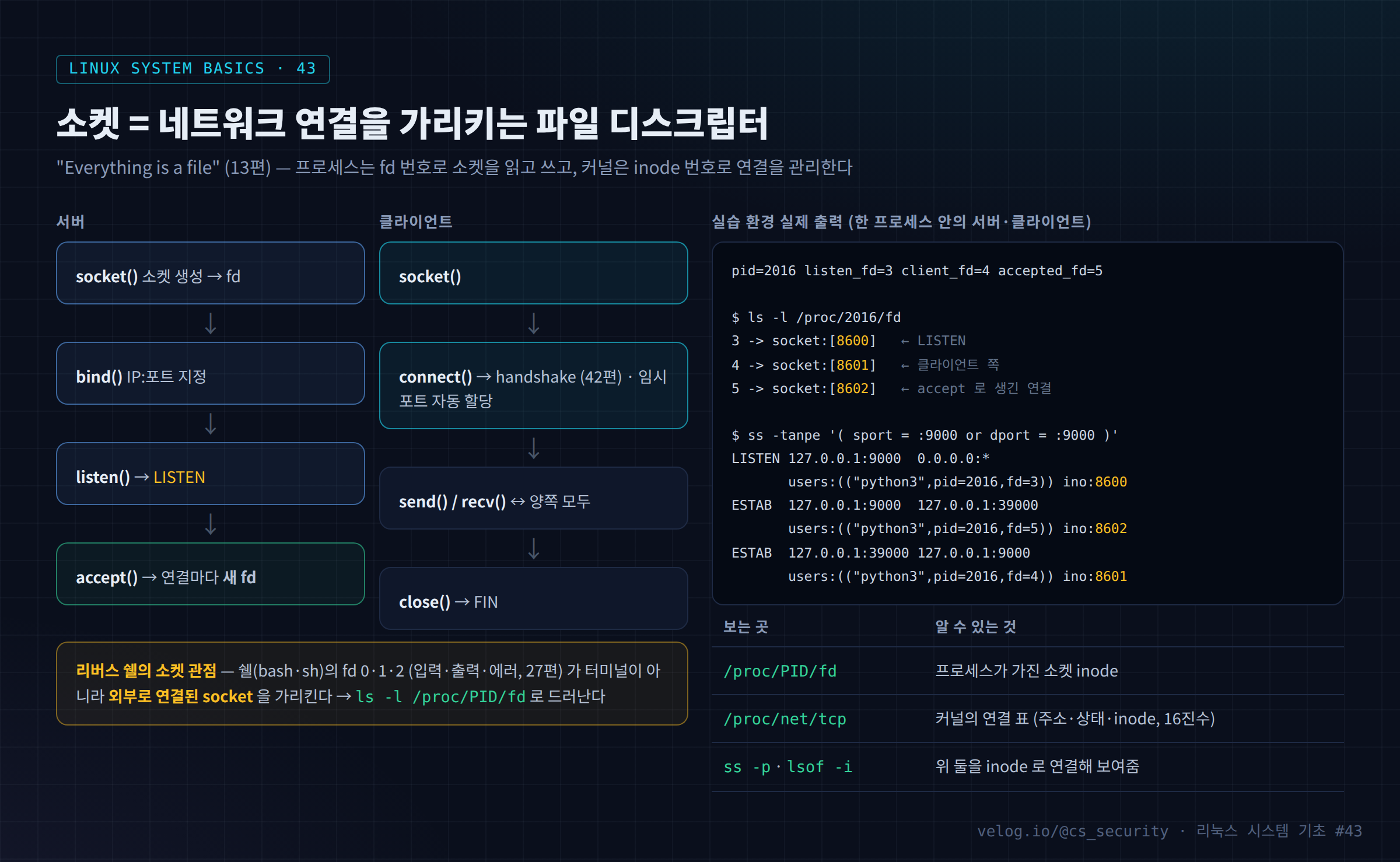 소켓 = 네트워크 연결을 가리키는 파일 디스크립터