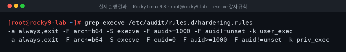 실제 실행 결과 — Rocky Linux 9.8 · root@rocky9-lab — execve 감사 규칙