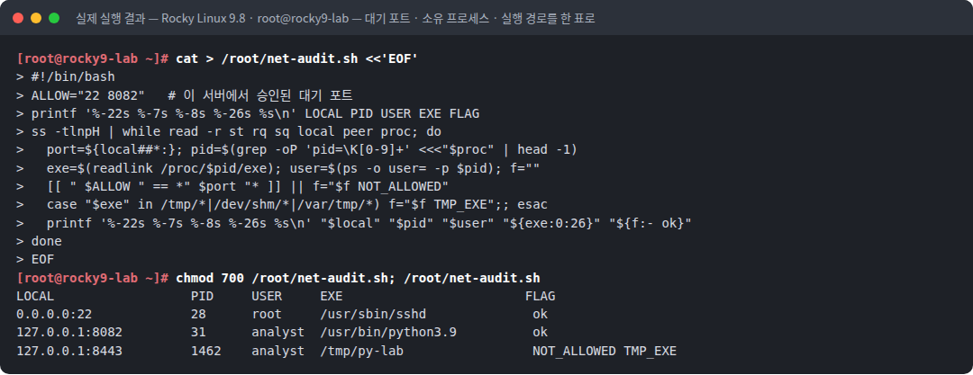 실제 실행 결과 — Rocky Linux 9.8 · root@rocky9-lab — 대기 포트 · 소유 프로세스 · 실행 경로를 한 표로