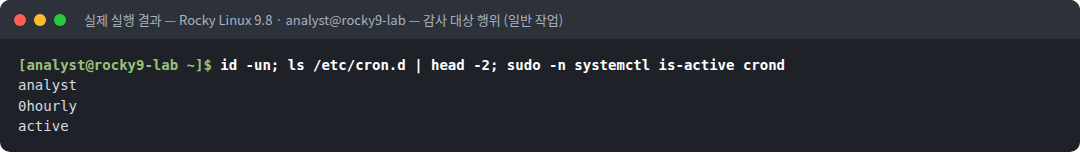 실제 실행 결과 — Rocky Linux 9.8 · analyst@rocky9-lab — 감사 대상 행위 (일반 작업)