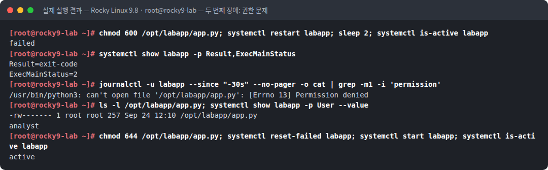 실제 실행 결과 — Rocky Linux 9.8 · root@rocky9-lab — 두 번째 장애: 권한 문제
