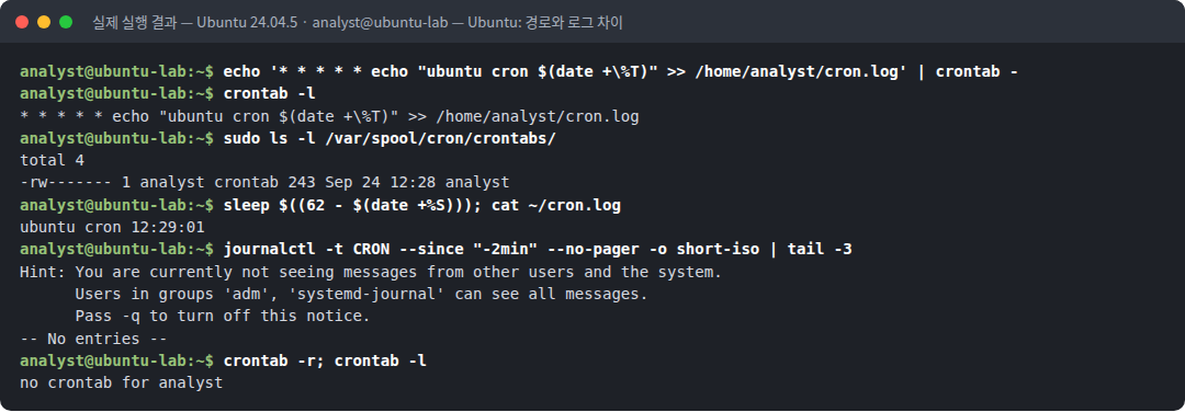 실제 실행 결과 — Ubuntu 24.04.5 · analyst@ubuntu-lab — Ubuntu: 경로와 로그 차이