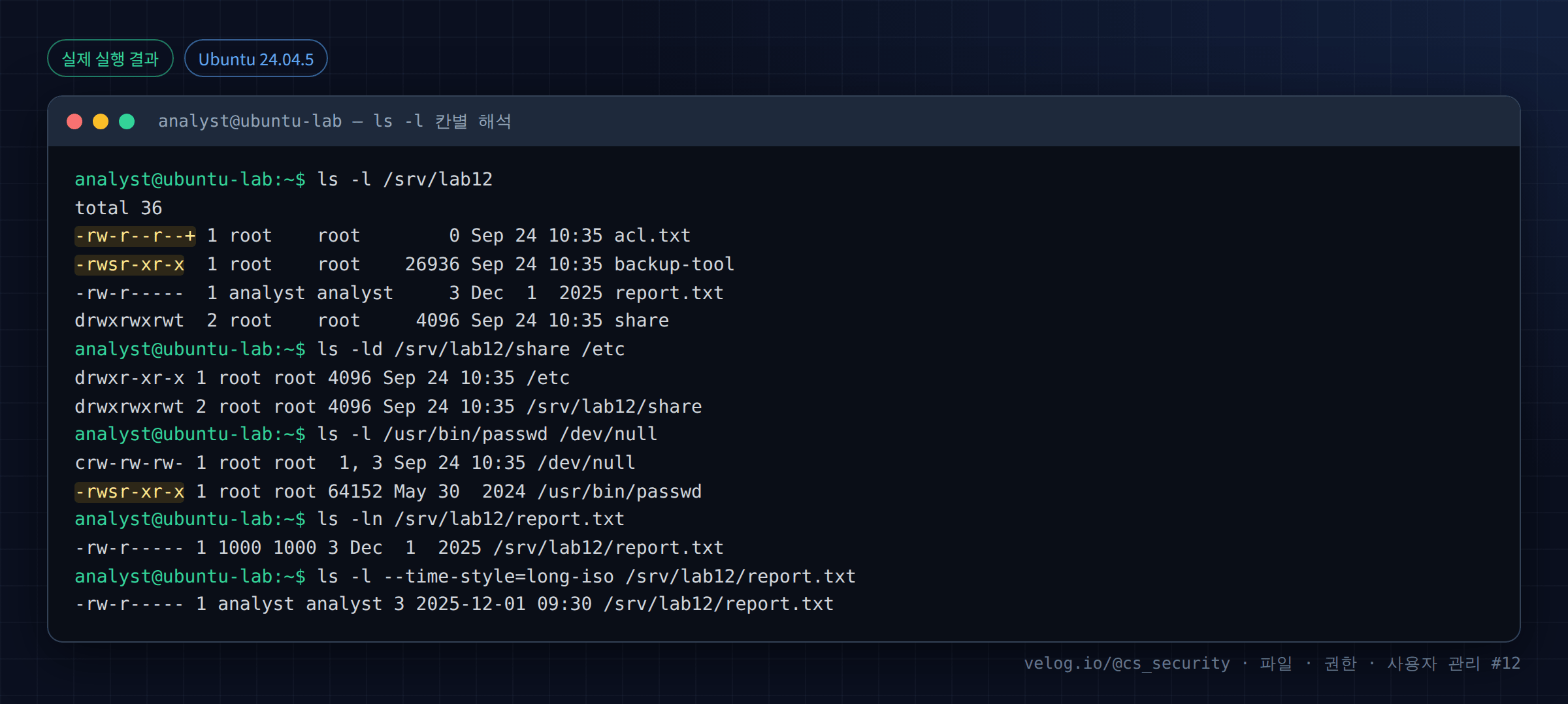 실제 실행 결과 — Ubuntu 24.04.5 · analyst@ubuntu-lab — ls -l 칸별 해석