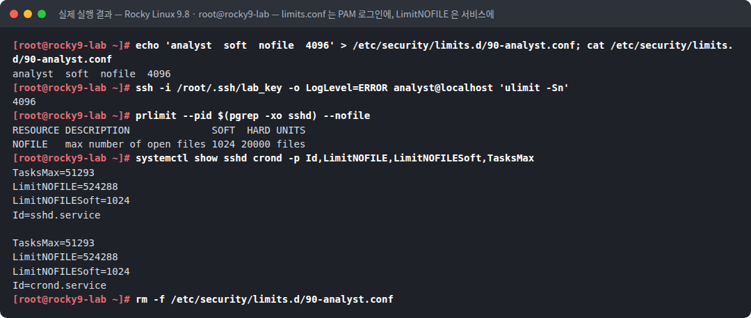 실제 실행 결과 — Rocky Linux 9.8 · root@rocky9-lab — limits.conf 는 PAM 로그인에, LimitNOFILE 은 서비스에