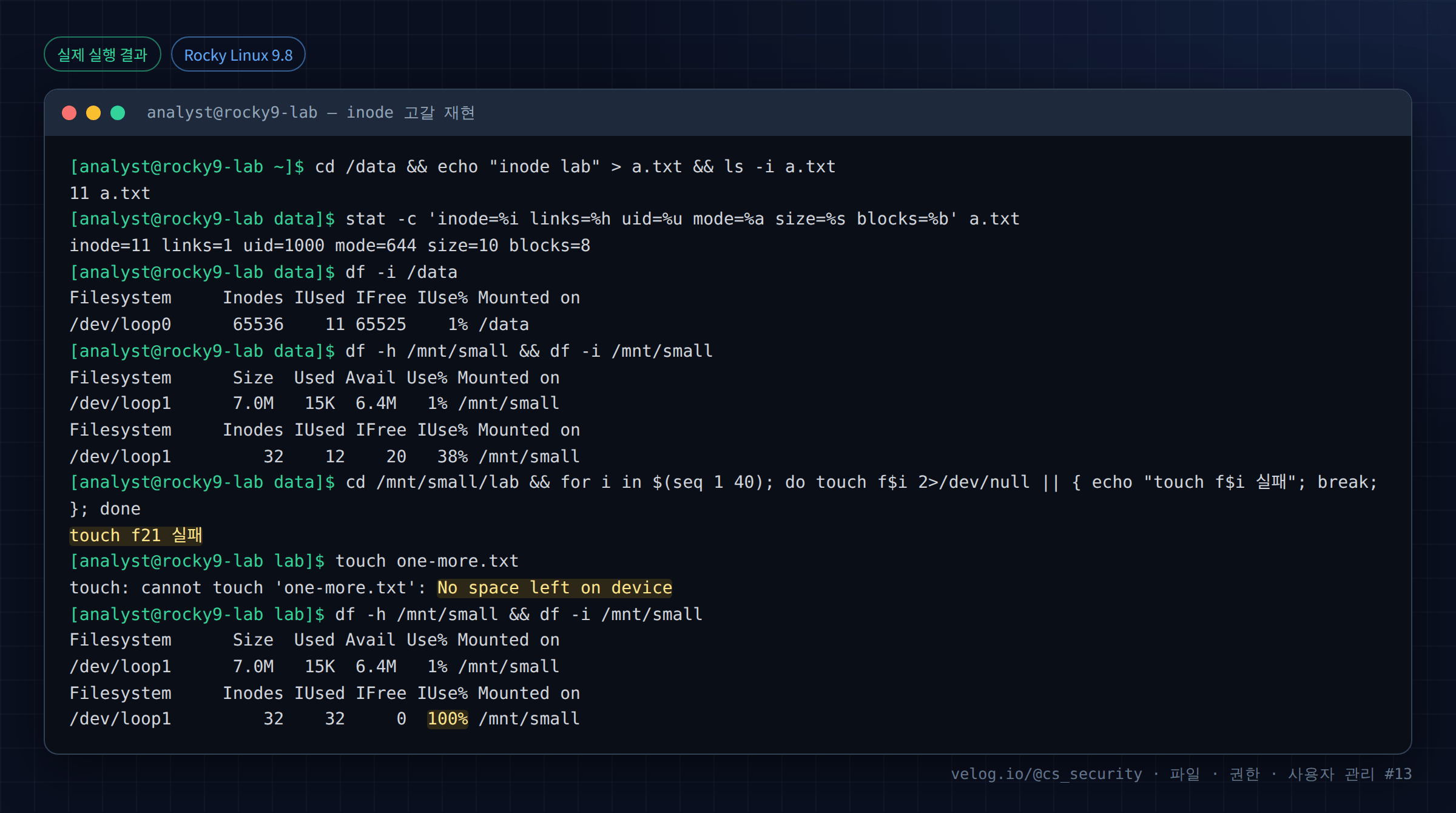 실제 실행 결과 — Rocky Linux 9.8 · analyst@rocky9-lab — inode 고갈 재현