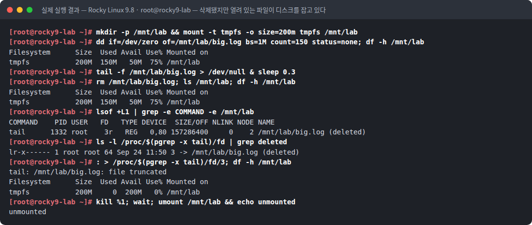 실제 실행 결과 — Rocky Linux 9.8 · root@rocky9-lab — 삭제됐지만 열려 있는 파일이 디스크를 잡고 있다