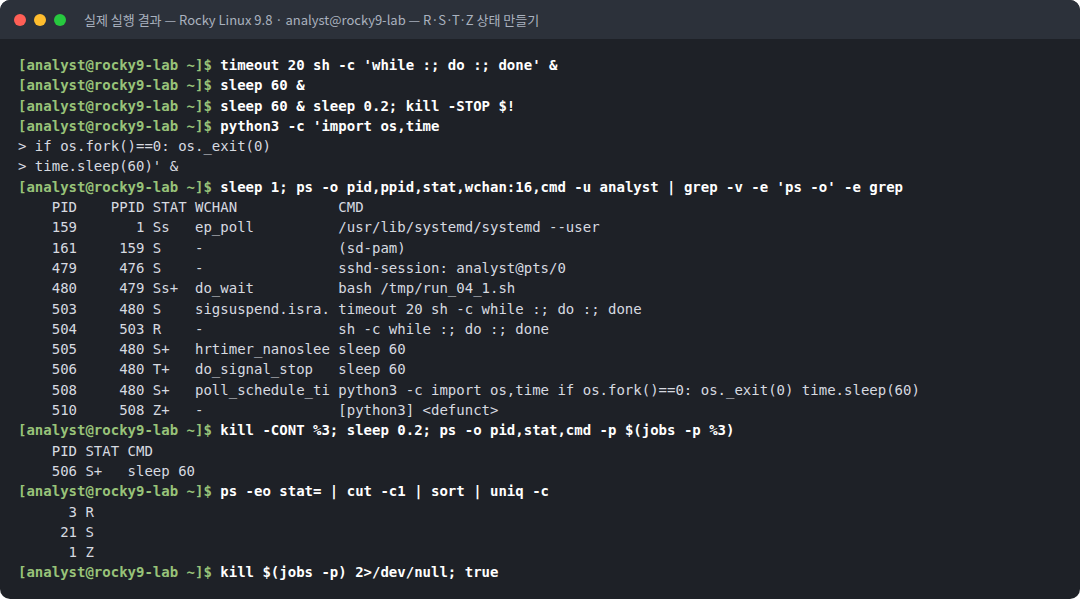 실제 실행 결과 — Rocky Linux 9.8 · analyst@rocky9-lab — R·S·T·Z 상태 만들기